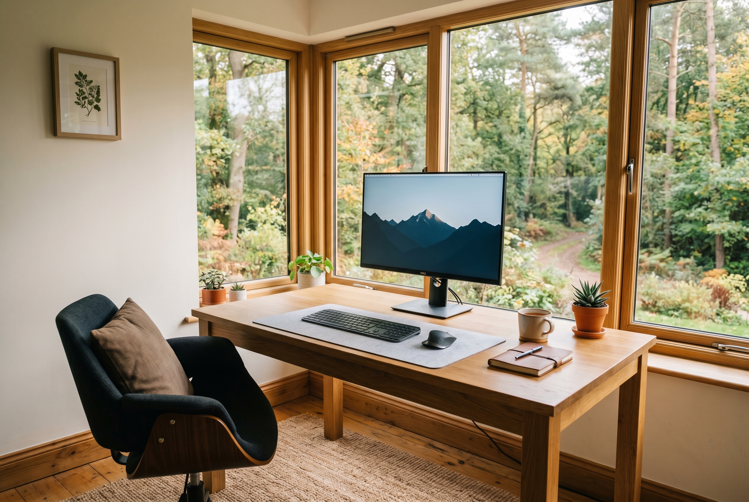 Workspace desk with window view of woods